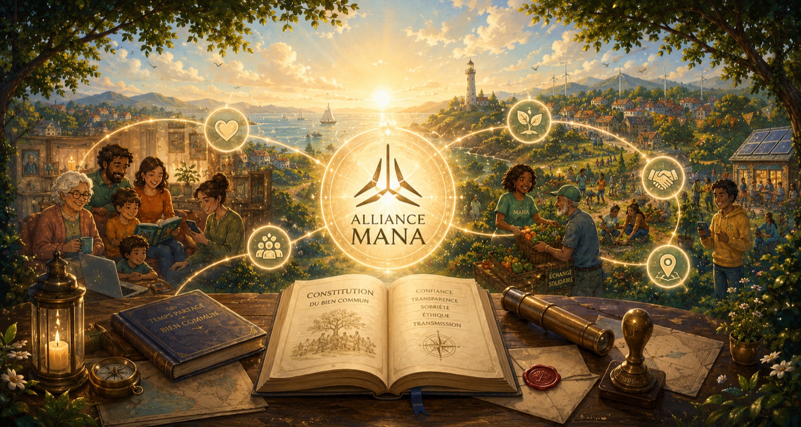 Alliance MANA : l'emblème au centre, une famille et une communauté reliées, et le livre « Constitution du bien commun » — confiance, transparence, sobriété, éthique, transmission.